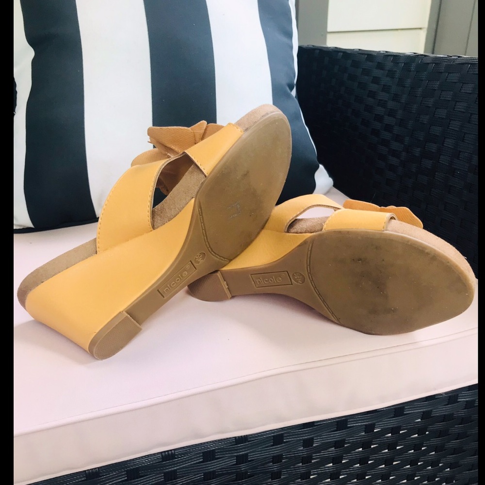 Nicole Mustard Floral Leather Wedge Sandals - Picture 3 of 11
